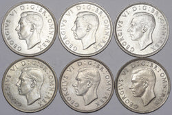 Lot of 6 High Grade George VI British Halfcrown Coins - 1940, 41, 42, 43, 45, 46.
