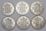 Lot of 6 High Grade George VI British Halfcrown Coins - 1940, 41, 42, 43, 45, 46.