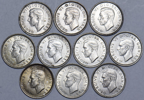 Lot of 10 British George VI Sixpence Coins 1937-1946 Date Run (High Grades)