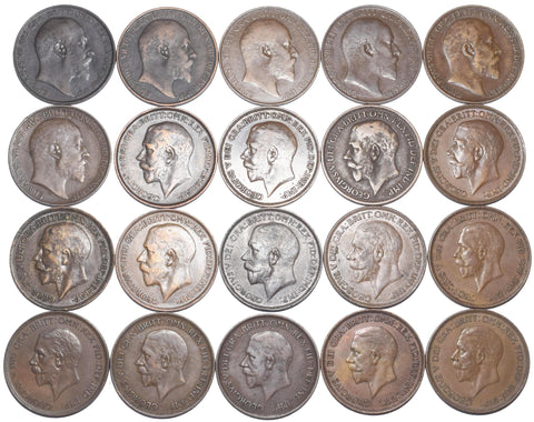 Lot of 20 British Bronze Penny Coins ( All Different 1902-36 Better Grades)